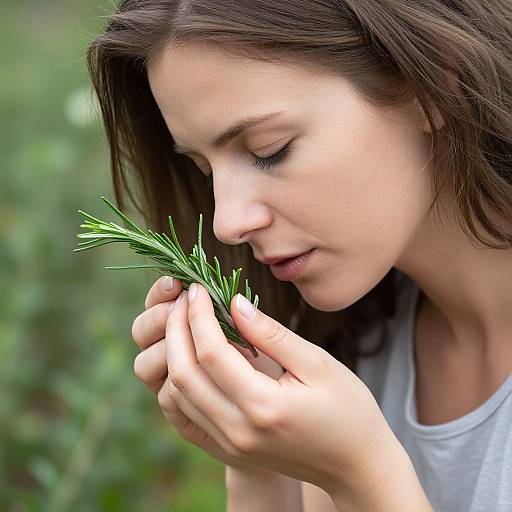 Woman Enjoying Fresh Rosemary Herbs