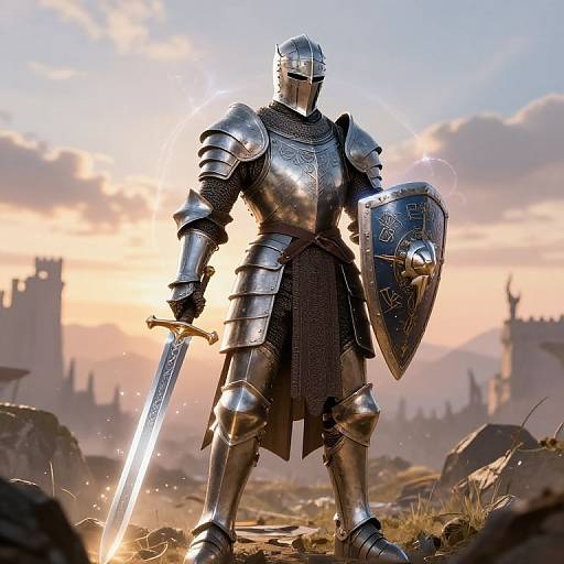 Photorealistic digital artwork of a shining armored knight with helmet, sword, and shield, standing in a sunlit, ruined medieval landscape.