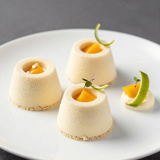 Photograph of three creamy, beige mousse cups with orange segments, garnished with green citrus slices and microgreens, on a white plate.