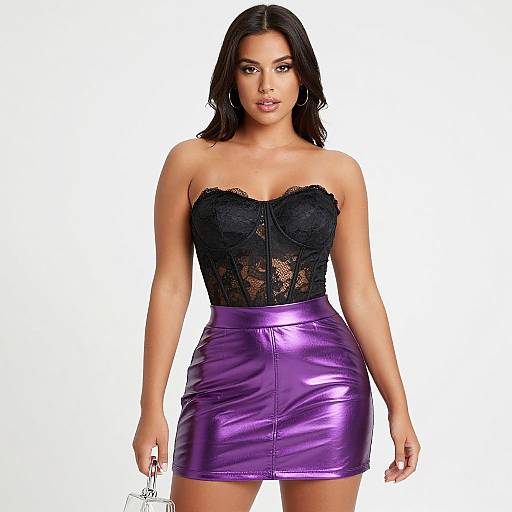 Photograph of a curvy woman with medium brown skin, black lace strapless top, and shiny purple mini skirt, standing against a white background.