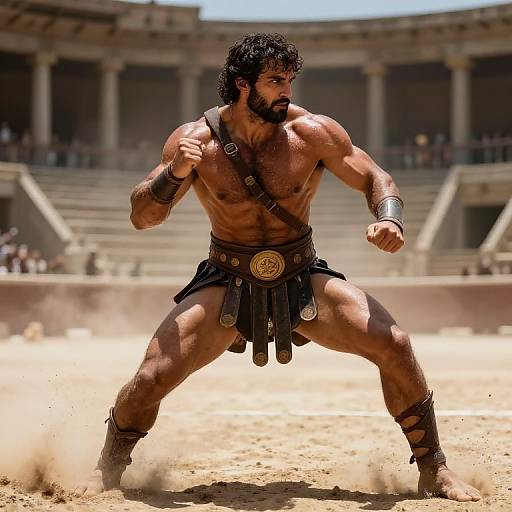 Photorealistic CGI of muscular, bearded man with dark hair, wearing ancient warrior attire, standing in a dusty arena with a grandstand background,