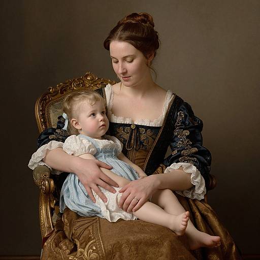Photograph of a fair-skinned mother with brown hair in a dark, lace-trimmed dress, holding a blonde, fair-skinned baby in