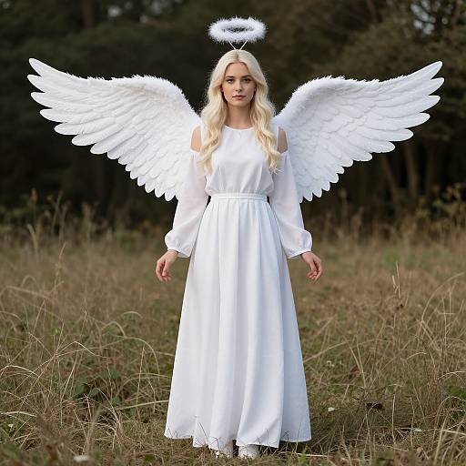 Photograph of a blonde woman with white angel wings and halo, wearing a long, white, long-sleeved dress, standing in a grassy