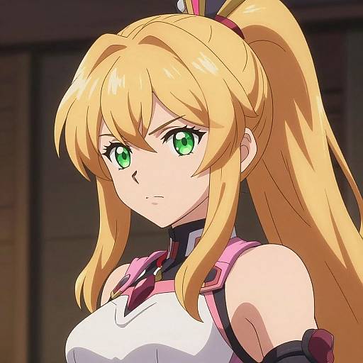 Digital anime-style illustration of a determined blonde woman with green eyes, ponytail, wearing a white and pink armored top.