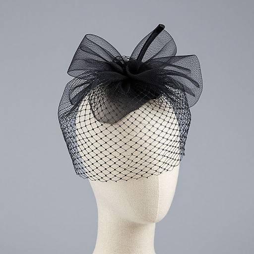 Photograph of a white mannequin head wearing a black mesh fascinator with a large, intricate bow on a light blue background.