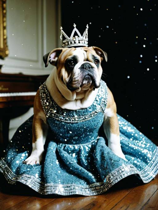 Bulldog in Sparkling Queen Dress with Crown