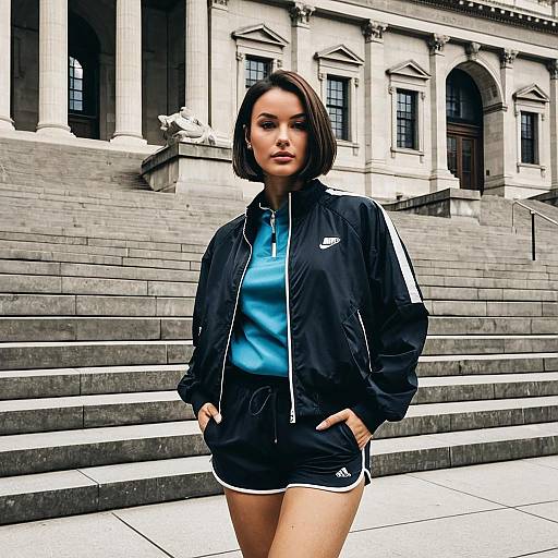 Sporty Woman in Windbreaker and Running Shorts by Museum Steps
