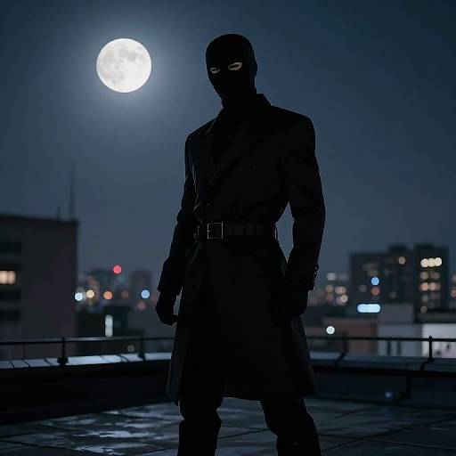 Silhouetted masked figure in trench coat, glowing eyes, moonlit cityscape background, dark blue night sky, city lights in the distance.