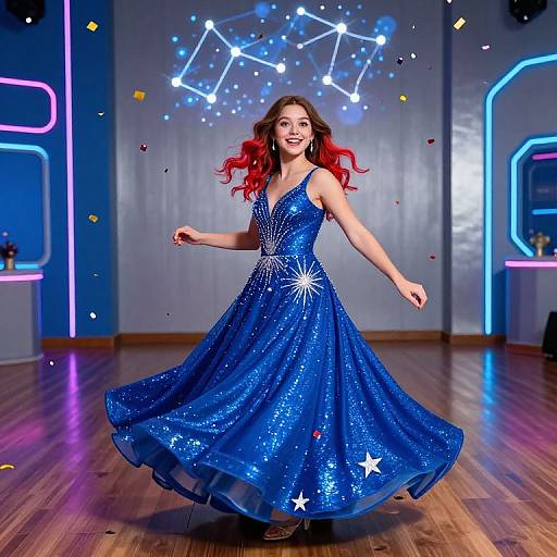 Photograph of a smiling woman with red hair in a sparkling blue, star-patterned gown, twirling on a wooden floor against a neon-lit