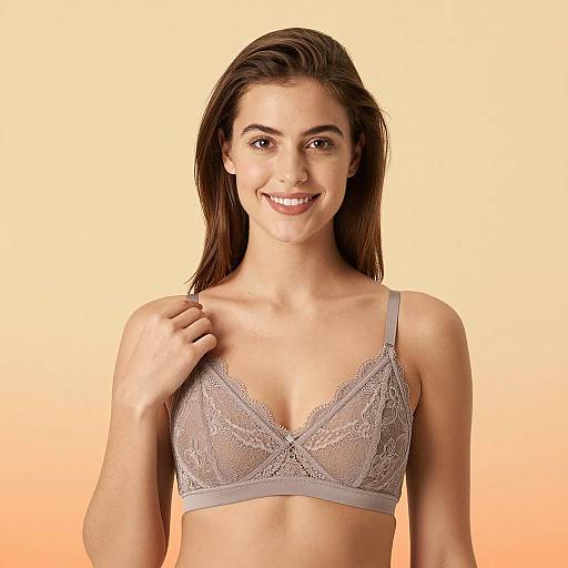 Smiling Young Woman in Taupe Lace Bra