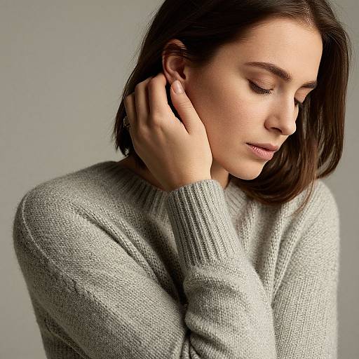 Photograph of a young woman with fair skin and brown bob haircut, wearing a light gray knitted sweater, gently touching her ear with closed eyes,