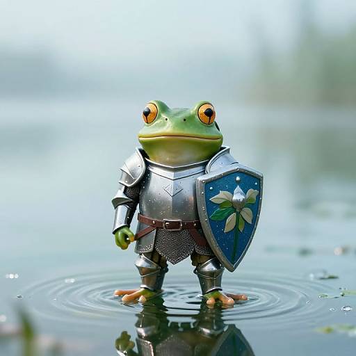 Photograph of a small green frog in shiny silver armor and a blue shield with a white flower, standing in rippling water.