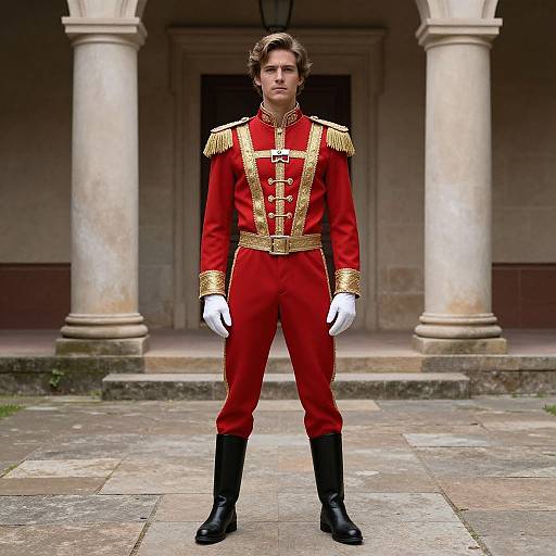 Photograph of a young man with wavy brown hair in a red military-style uniform with gold trim, white gloves, and black boots, standing in