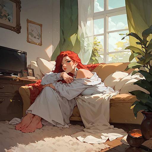 Digital painting of a red-haired woman in white pajamas, sitting on a sunlit beige couch in a cozy, sunlit living room.