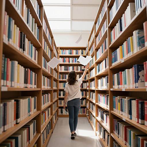Photograph of a woman with curly hair, wearing a white shirt and blue jeans, reaching for a book on wooden bookshelves in a brightly lit