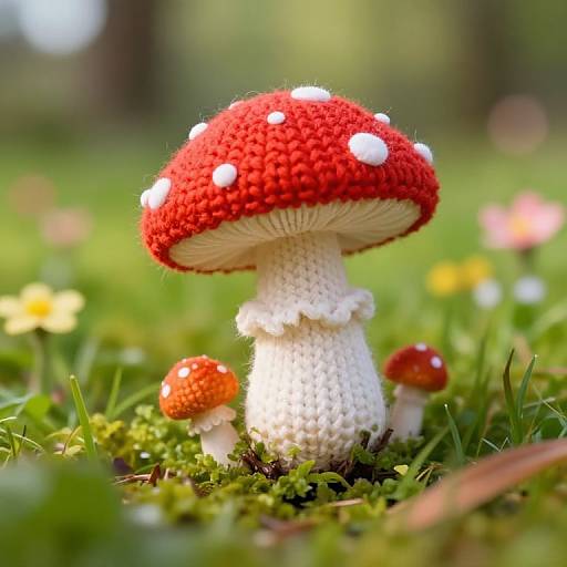 Photograph of crocheted red and white polka-dot mushrooms with white stems, surrounded by green grass, moss, and small yellow flowers.