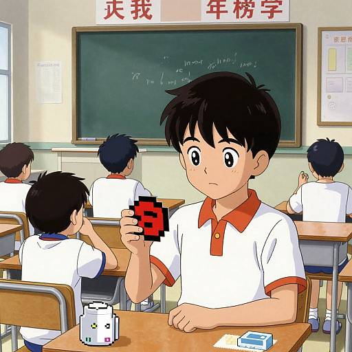 Digital anime-style classroom scene showing a nervous boy in a white shirt with red collar, holding a censored red rectangle, surrounded by other boys, chalk