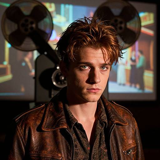 Photograph of a serious-looking man with messy brown hair, wearing a brown leather jacket, in front of a blurred movie screen and film equipment.