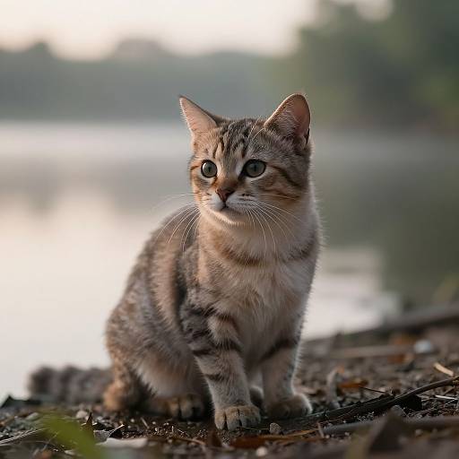 Photograph of a cute, alert tabby kitten with green eyes sitting on a forest floor, blurred lake and trees in background.