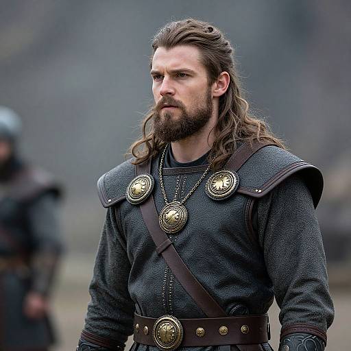 Photograph of a bearded, long-haired man with intense gaze, wearing a dark grey, armored tunic with large, ornate bronze medall