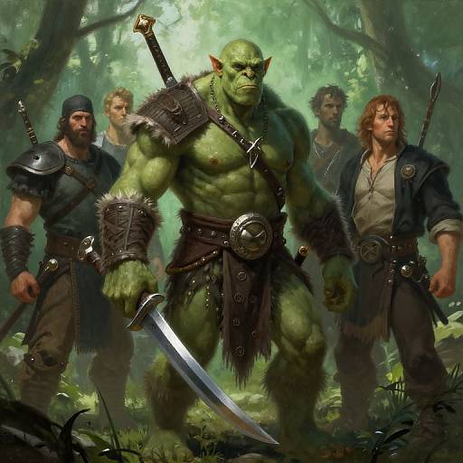 Digital fantasy artwork of four muscular, armed warriors in a dense forest: a green-skinned orc with a sword, and three human men in armor and