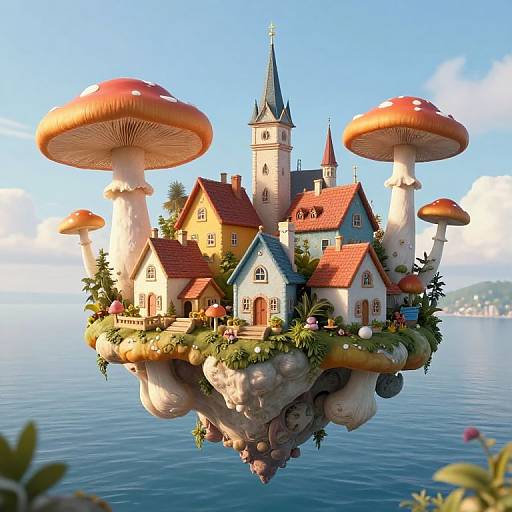 Digital artwork of a whimsical floating village with red-roofed houses, giant mushrooms, and a church tower over a calm blue lake.