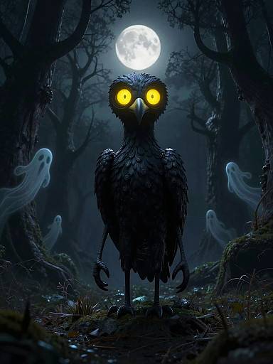 Digital illustration of a dark, owl-like creature with glowing yellow eyes, standing in a moonlit, foggy forest with ghostly figures in the background