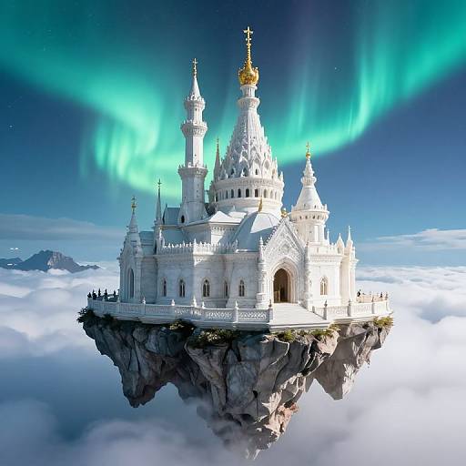 Photograph of a white, ornate, floating church with golden domes and crosses, surrounded by vibrant green Northern Lights, above a rocky cliff amidst