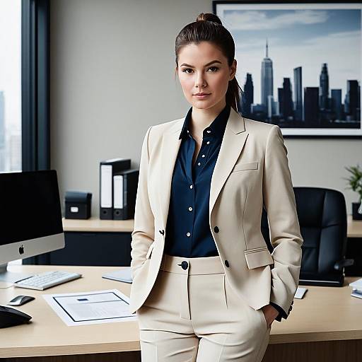 Professional Woman in Beige Suit at Office Desk