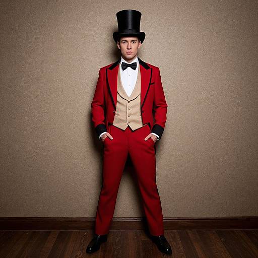 Photograph of a young man in a red tuxedo with black bow tie, cream vest, and black top hat, standing confidently against a textured