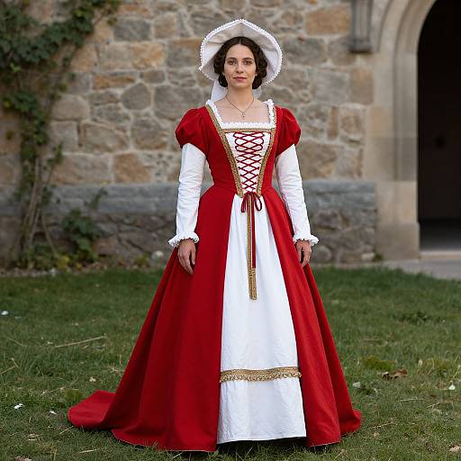 Photograph of a woman in a red and white Renaissance-style gown with lace-up bodice, white bonnet, standing in front of a stone building
