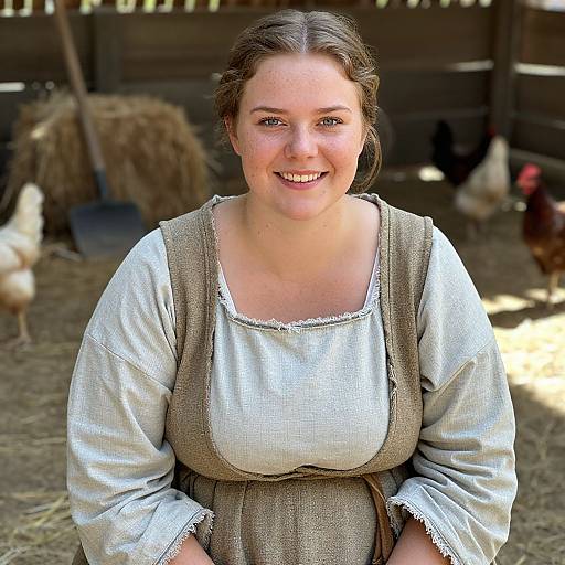 Photograph of a smiling, fair-skinned woman with brown hair in a simple, historical-style, light gray dress and brown apron, standing in