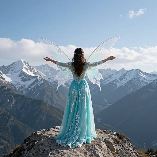 Photograph of a woman in a light blue, lace-trimmed dress with translucent fairy wings, standing with arms outstretched on a rocky mountain