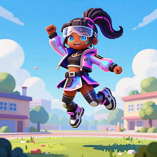 Cyberpunk Girl Jumping Happy Outdoors