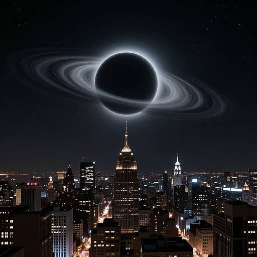 Photograph-like digital art of a cityscape at night with a black solar eclipse surrounded by Saturn-like rings, centered above skyscrapers, including the