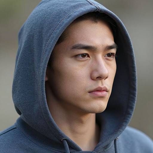 Photograph of a young man with medium brown skin, dark eyebrows, and serious expression, wearing a blue hoodie with hood up. Background is blurred and