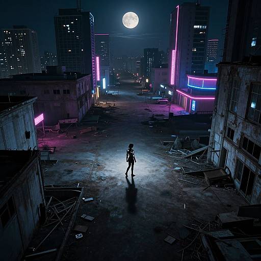 Cyberpunk night scene: Silhouetted figure stands in abandoned urban lot, illuminated by neon lights, full moon overhead, cityscape in background