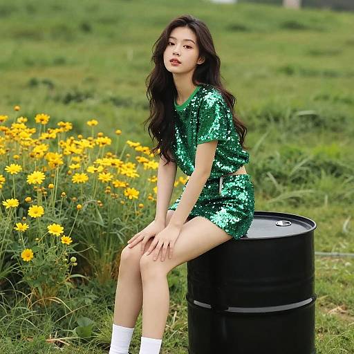 Young Asian woman with long black hair, wearing green sequin shorts and top, sitting on a black barrel in a grassy field with yellow flowers.