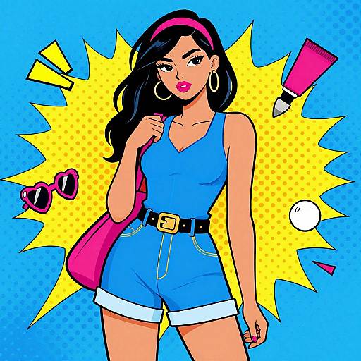 Digital pop art of a confident woman with black hair, pink headband, blue romper, and belt, against a yellow burst background.