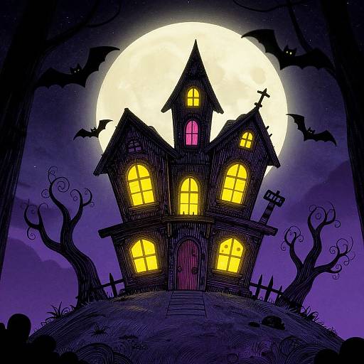 Spooky, cartoon-style illustration of a haunted house with glowing yellow windows, set against a full moon and flying bats, surrounded by dark, twisted trees