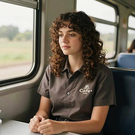 Photograph of a young woman with curly brown hair, wearing a dark brown Cafe uniform, seated inside a train, looking thoughtfully out the window.