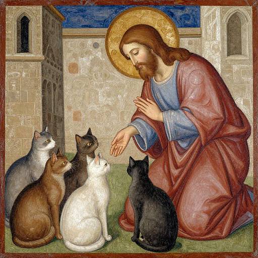 Medieval-style painting of Jesus with a golden halo, kneeling, blessing six cats (three black, two white, one brown) in a stone courtyard