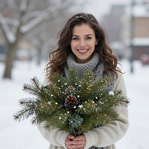 Photograph of a smiling woman with wavy brown hair, wearing a gray scarf and white sweater, holding a pine branch wreath in a snowy,