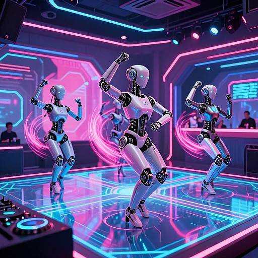 Photograph of three dancing robotic figures in a neon-lit, futuristic stage with vibrant pink, blue, and purple lights. They perform choreographed moves