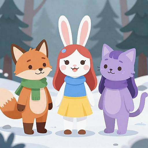 Three Furry Girls in Snowy Forest