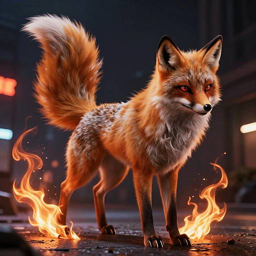Digital artwork of a fiery red-orange fox with glowing eyes, standing on a dark, neon-lit street with flames under its paws.