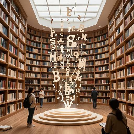 Photograph of a grand library with wooden shelves filled with books, four people browsing, and Japanese text floating above a central illuminated platform.