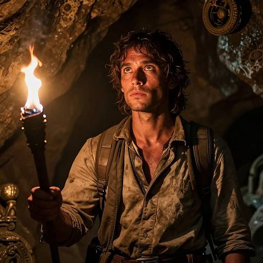 Photograph of a rugged, dirty-haired man with intense gaze, holding a torch, wearing a worn shirt and suspenders, in a dimly lit