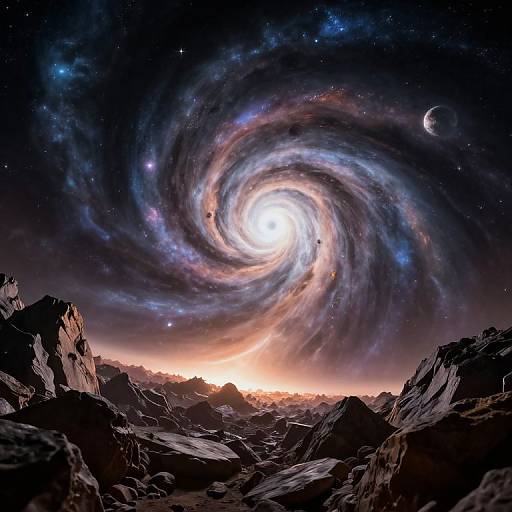 Photorealistic CGI of a swirling galaxy with vibrant blues, purples, and whites, set against a dark starry sky and rocky mountain landscape at