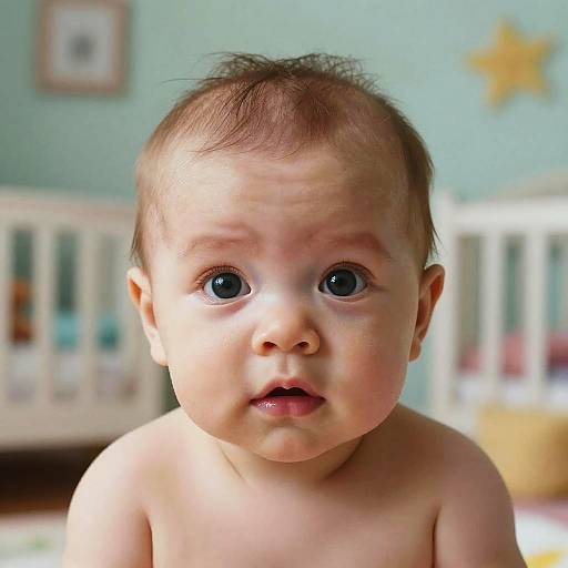 Photograph of a curious baby with big blue eyes, short brown hair, and fair skin, sitting topless in a brightly lit nursery with a white